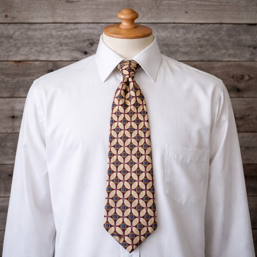 Paola Gucci Italian Italy 100% silk cream blue red geometric designer tie